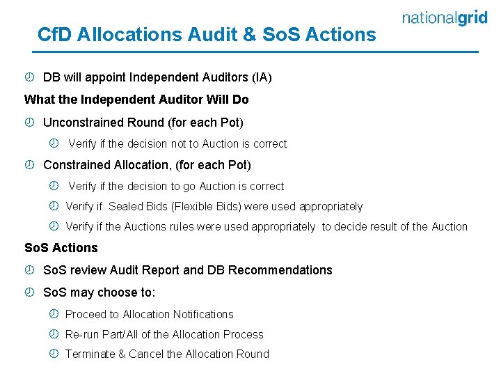 Cf. D Allocations Audit & So. S Actions ¾ DB will appoint Independent Auditors