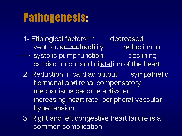 Pathogenesis: 1 - Etiological factors decreased ventricular contractility reduction in systolic pump function declining