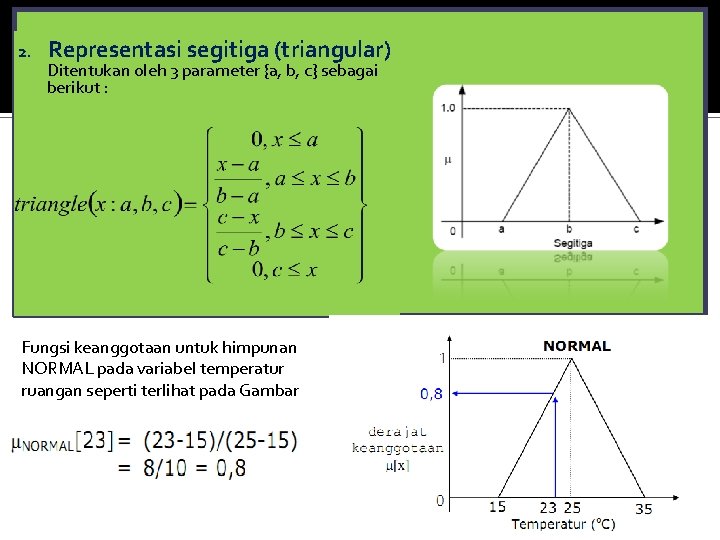 2. Representasi segitiga (triangular) Ditentukan oleh 3 parameter {a, b, c} sebagai berikut :