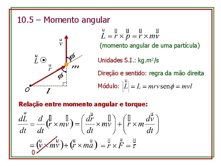 10. 5 – Momento angular (momento angular de uma partícula) Unidades S. I. :