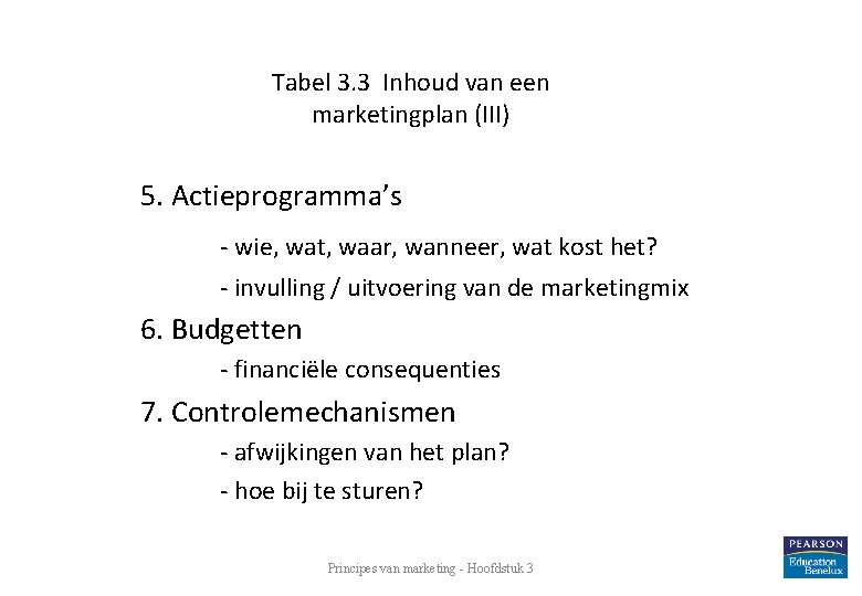 Tabel 3. 3 Inhoud van een marketingplan (III) 5. Actieprogramma’s - wie, wat, waar,