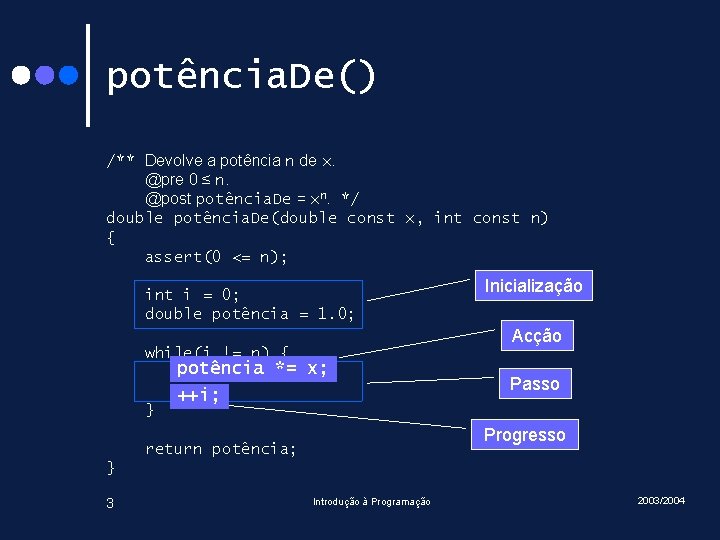 potência. De() /** Devolve a potência n de x. @pre 0 ≤ n. @post