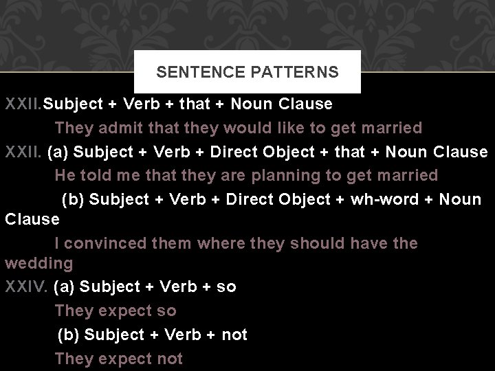 SENTENCE PATTERNS XXII. Subject + Verb + that + Noun Clause They admit that