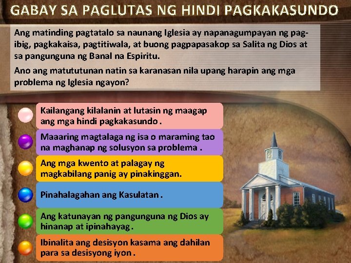 GABAY SA PAGLUTAS NG HINDI PAGKAKASUNDO Ang matinding pagtatalo sa naunang Iglesia ay napanagumpayan