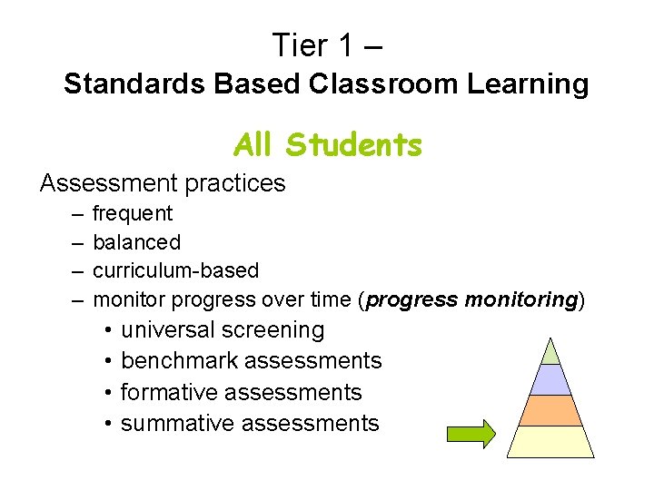 Tier 1 – Standards Based Classroom Learning All Students Assessment practices – – frequent