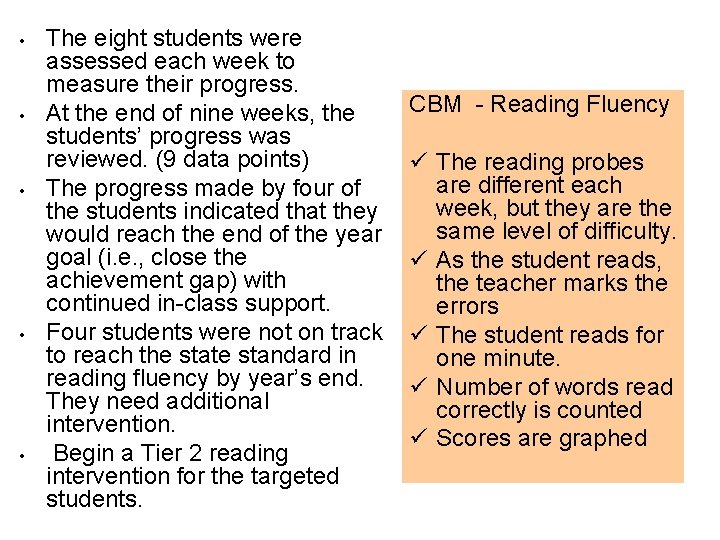  • • • The eight students were assessed each week to measure their