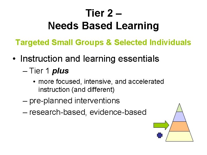Tier 2 – Needs Based Learning Targeted Small Groups & Selected Individuals • Instruction