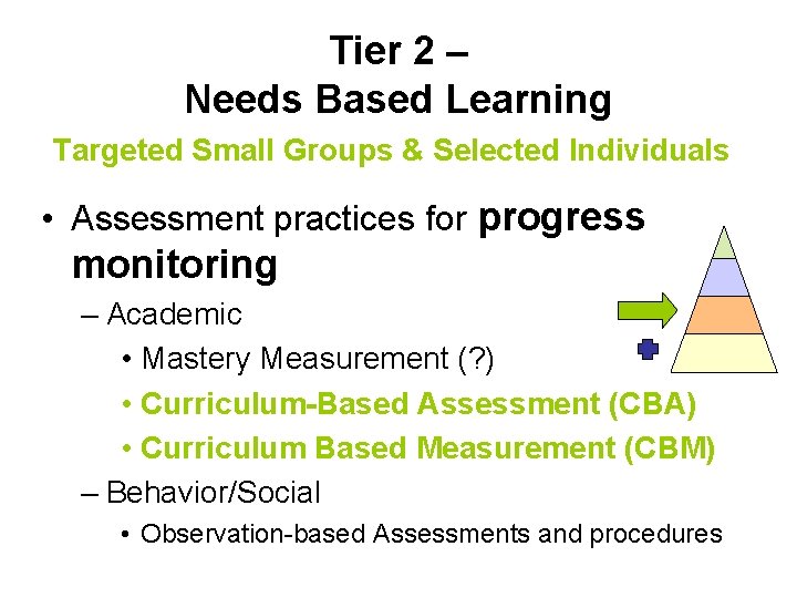 Tier 2 – Needs Based Learning Targeted Small Groups & Selected Individuals • Assessment