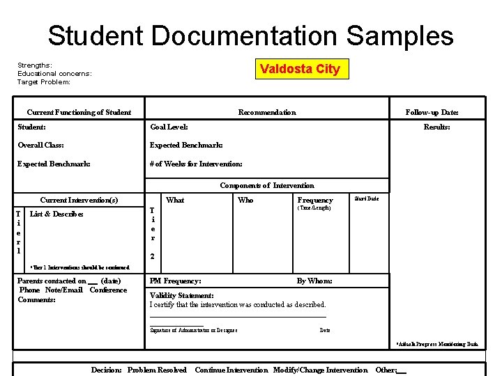 Student Documentation Samples Strengths: Educational concerns: Target Problem: Valdosta City Current Functioning of Student