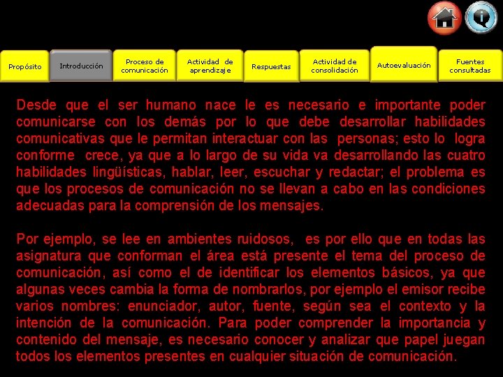 Propósito Introducción Proceso de comunicación Actividad de aprendizaje Respuestas Actividad de consolidación Autoevaluación Fuentes
