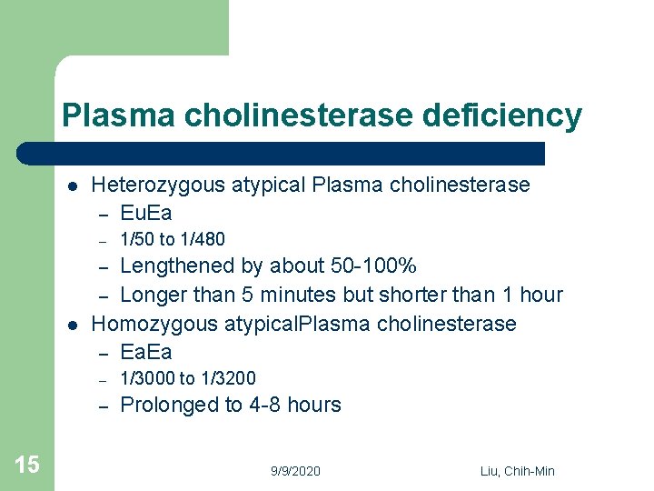 Plasma cholinesterase deficiency l Heterozygous atypical Plasma cholinesterase – Eu. Ea – 1/50 to