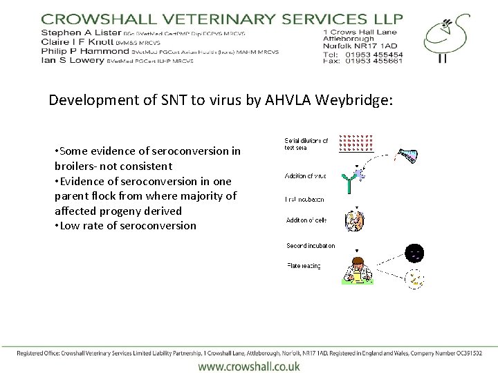 Development of SNT to virus by AHVLA Weybridge: • Some evidence of seroconversion in