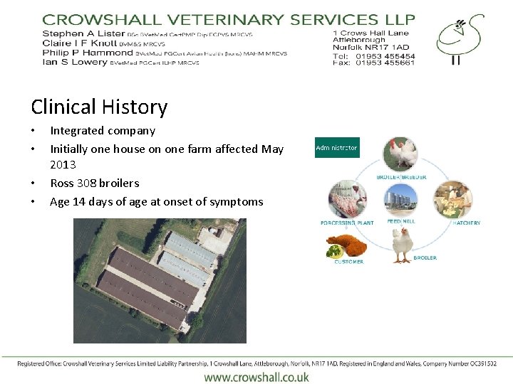 Clinical History • • Integrated company Initially one house on one farm affected May