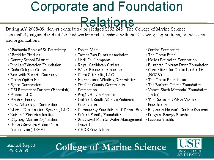 Corporate and Foundation Relations During AY 2008 -09, donors contributed or pledged $353, 246. Corporate and Foundation Relations During AY 2008 -09, donors contributed or pledged $353, 246.