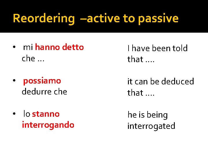 Reordering –active to passive • mi hanno detto che … I have been told