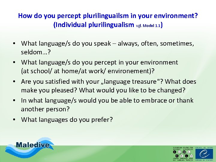 How do you percept plurilinguailsm in your environment? (Individual plurilingualism vgl. Modul 1. 1) How do you percept plurilinguailsm in your environment? (Individual plurilingualism vgl. Modul 1. 1)