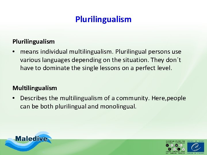 Plurilingualism • means individual multilingualism. Plurilingual persons use various languages depending on the situation. Plurilingualism • means individual multilingualism. Plurilingual persons use various languages depending on the situation.