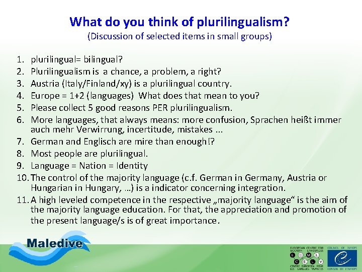 What do you think of plurilingualism? (Discussion of selected items in small groups) 1. What do you think of plurilingualism? (Discussion of selected items in small groups) 1.