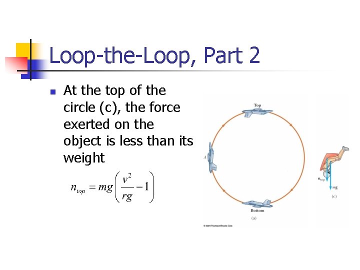 Loop-the-Loop, Part 2 n At the top of the circle (c), the force exerted