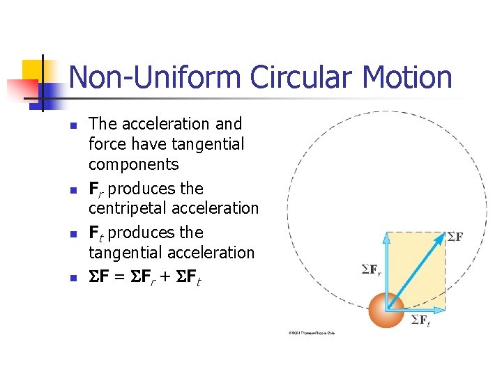 Non-Uniform Circular Motion n n The acceleration and force have tangential components Fr produces