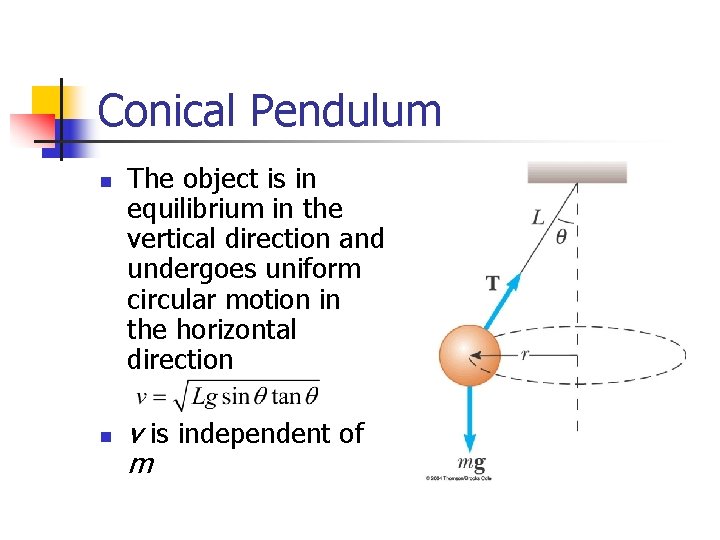 Conical Pendulum n n The object is in equilibrium in the vertical direction and