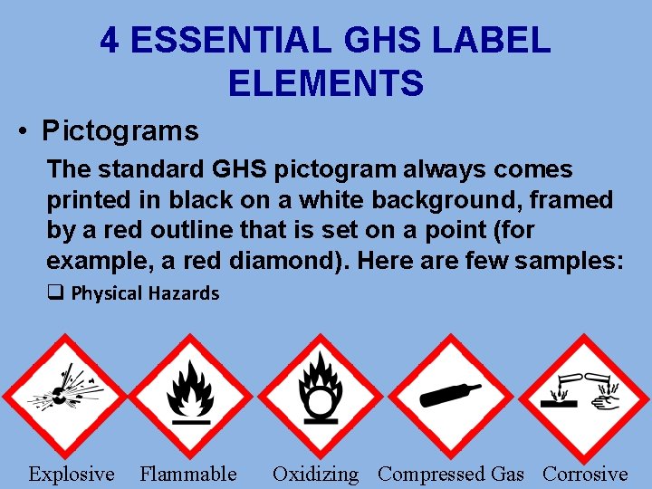 4 ESSENTIAL GHS LABEL ELEMENTS • Pictograms The standard GHS pictogram always comes printed