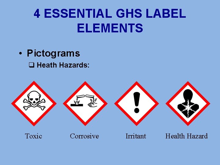 4 ESSENTIAL GHS LABEL ELEMENTS • Pictograms q Heath Hazards: Toxic Corrosive Irritant Health