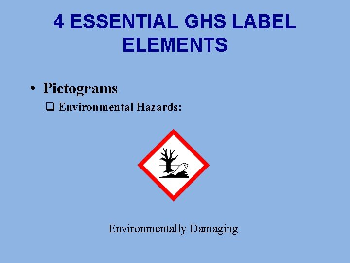 4 ESSENTIAL GHS LABEL ELEMENTS • Pictograms q Environmental Hazards: Environmentally Damaging 