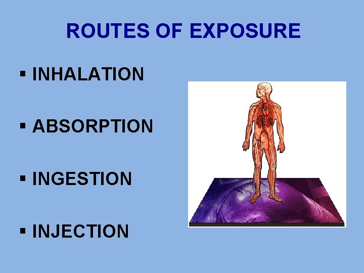 ROUTES OF EXPOSURE § INHALATION § ABSORPTION § INGESTION § INJECTION 