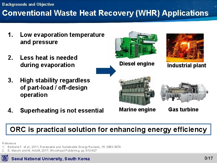 Backgrounds and Objective Conventional Waste Heat Recovery (WHR) Applications 1. Low evaporation temperature and