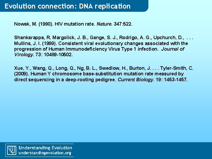 Evolution connection: DNA replication Nowak, M. (1990). HIV mutation rate. Nature. 347: 522. Shankarappa, Evolution connection: DNA replication Nowak, M. (1990). HIV mutation rate. Nature. 347: 522. Shankarappa,