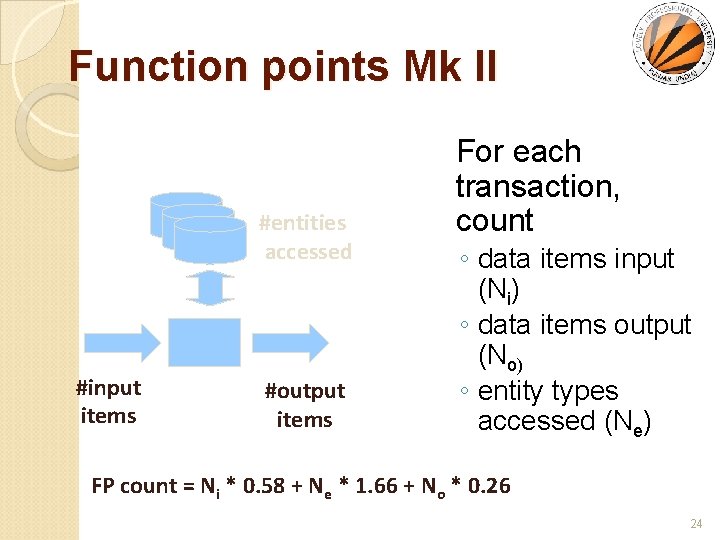 Function points Mk II #entities accessed #input items #output items For each transaction, count