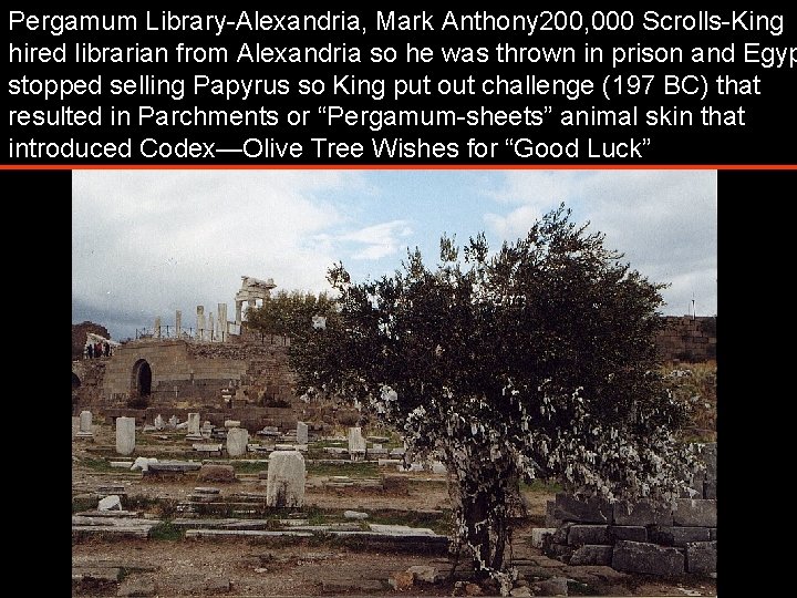 Pergamum Library-Alexandria, Mark Anthony 200, 000 Scrolls-King hired librarian from Alexandria so he was