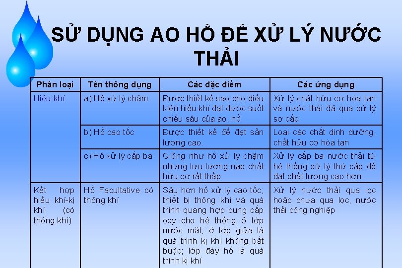 SỬ DỤNG AO HỒ ĐỂ XỬ LÝ NƯỚC THẢI Phân loại Hiếu khí Tên