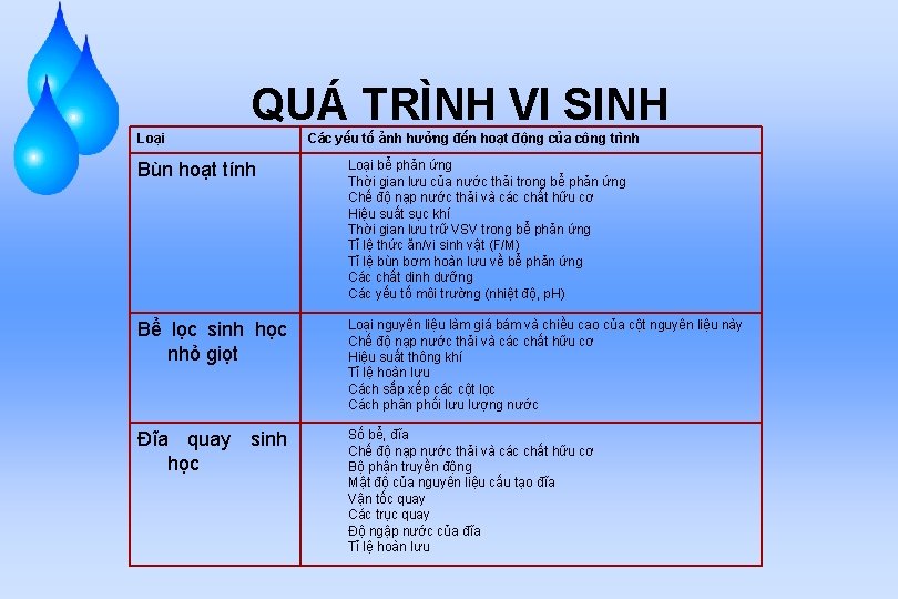 QUÁ TRÌNH VI SINH Loại Các yếu tố ảnh hưởng đến hoạt động của