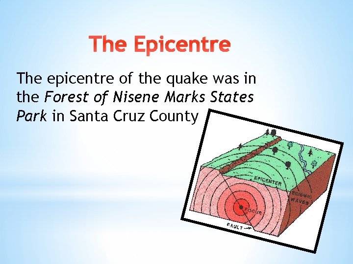 The Epicentre The epicentre of the quake was in the Forest of Nisene Marks The Epicentre The epicentre of the quake was in the Forest of Nisene Marks