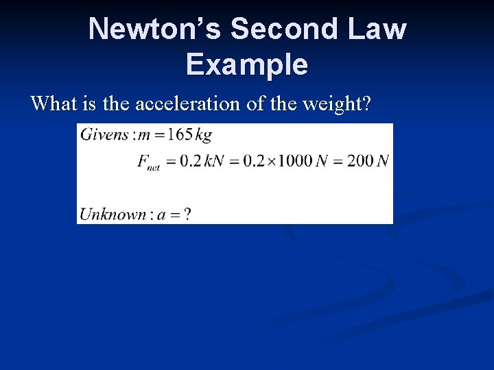 Newton’s Second Law Example What is the acceleration of the weight? 