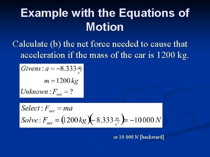 Example with the Equations of Motion Calculate (b) the net force needed to cause