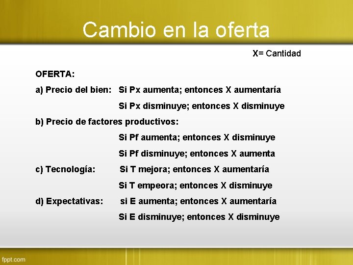 Cambio en la oferta X= Cantidad OFERTA: a) Precio del bien: Si Px aumenta;