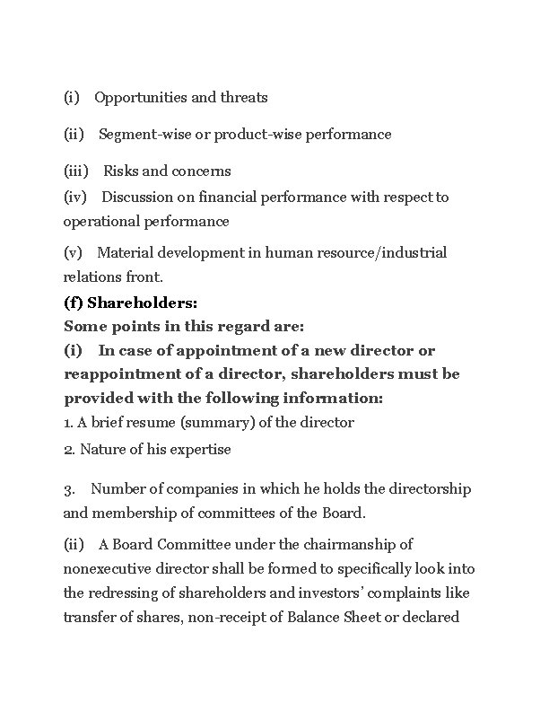 (i) Opportunities and threats (ii) Segment-wise or product-wise performance (iii) Risks and concerns (iv)