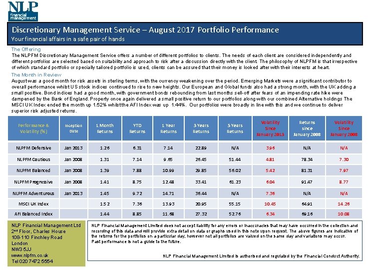 Discretionary Management Service – August 2017 Portfolio Performance Your financial affairs in a safe