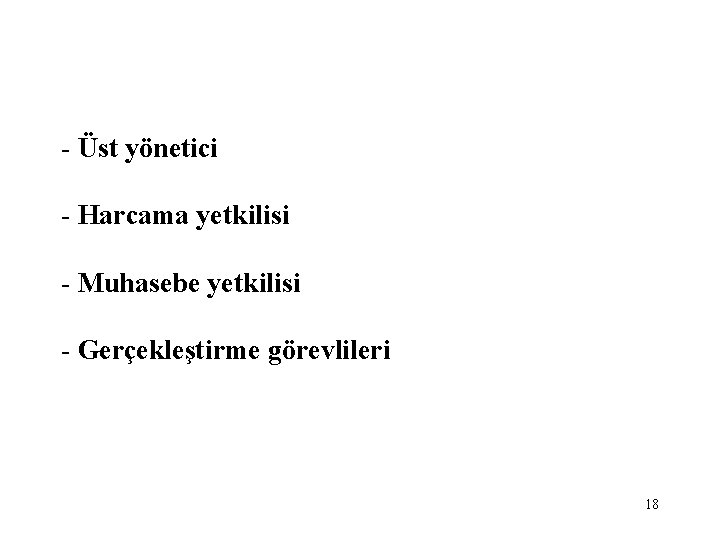 - Üst yönetici - Harcama yetkilisi - Muhasebe yetkilisi - Gerçekleştirme görevlileri 18 