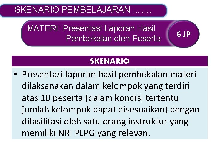 SKENARIO PEMBELAJARAN ……. MATERI: Presentasi Laporan Hasil Pembekalan oleh Peserta 6 JP SKENARIO •