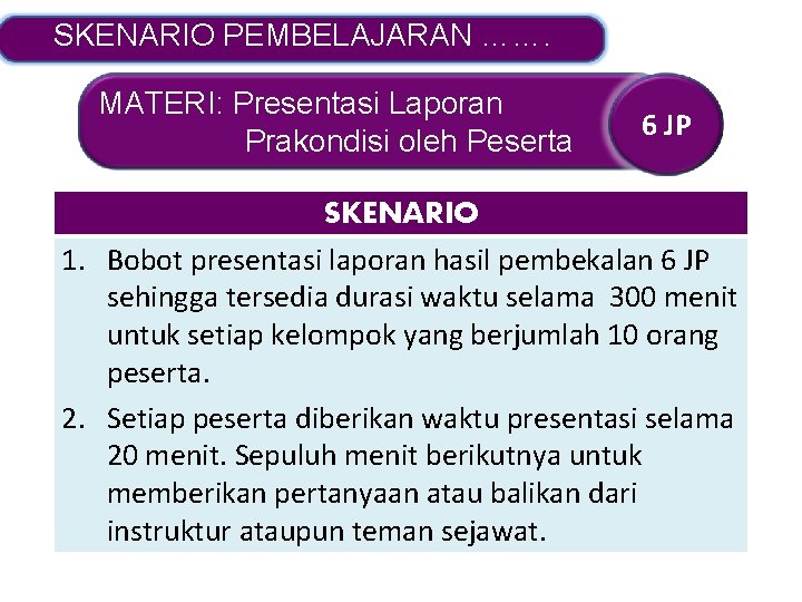 SKENARIO PEMBELAJARAN ……. MATERI: Presentasi Laporan Prakondisi oleh Peserta 6 JP SKENARIO 1. Bobot