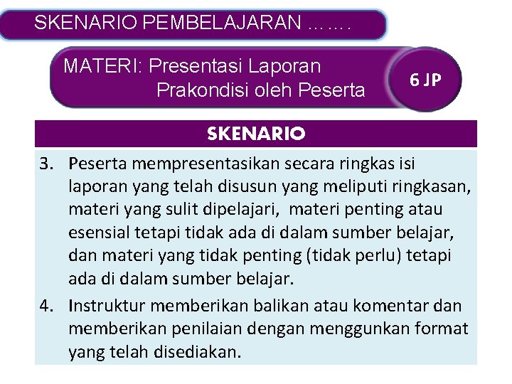 SKENARIO PEMBELAJARAN ……. MATERI: Presentasi Laporan Prakondisi oleh Peserta 6 JP SKENARIO 3. Peserta