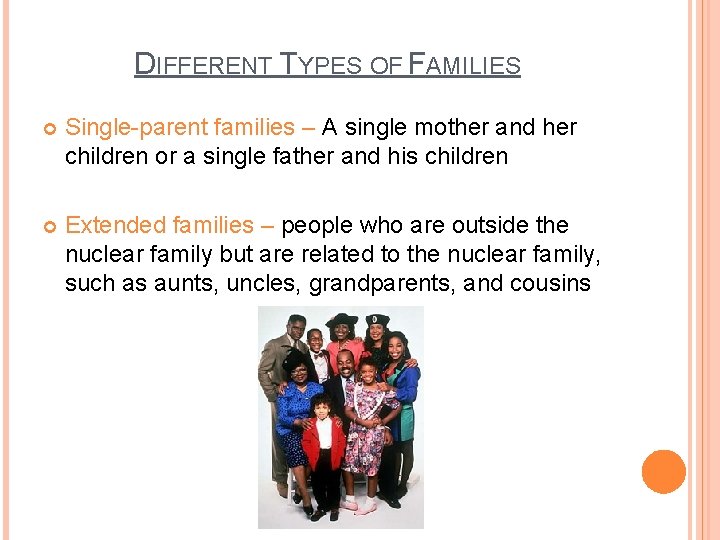 DIFFERENT TYPES OF FAMILIES Single-parent families – A single mother and her children or