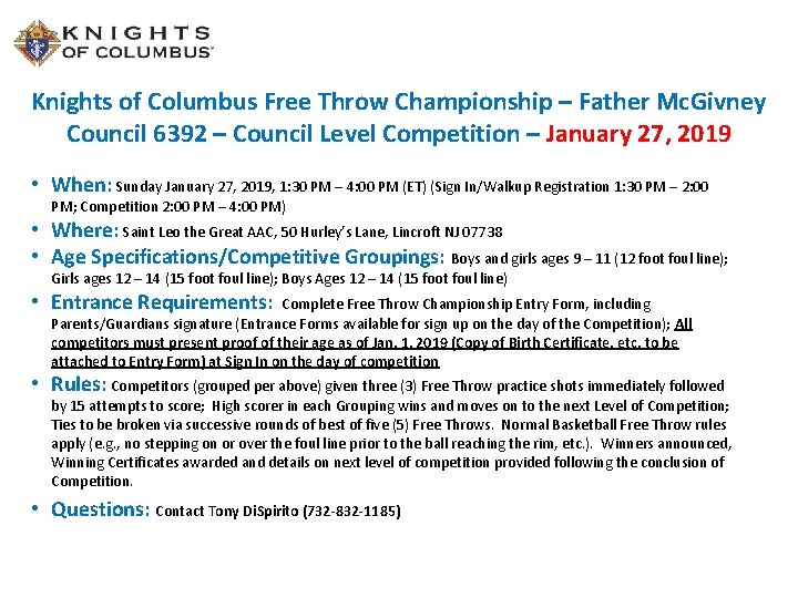 Knights of Columbus Free Throw Championship – Father Mc. Givney Council 6392 – Council