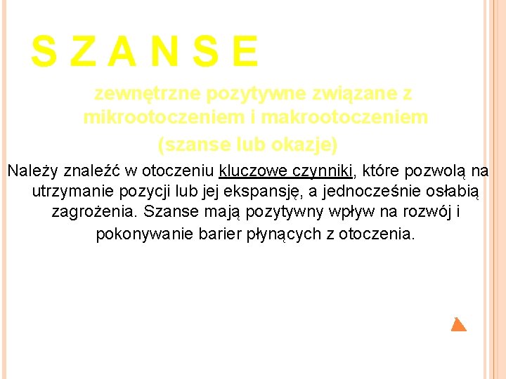 S Z A N S E zewnętrzne pozytywne związane z mikrootoczeniem i makrootoczeniem (szanse