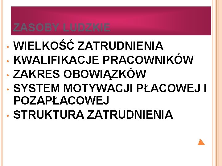 ZASOBY LUDZKIE • • • WIELKOŚĆ ZATRUDNIENIA KWALIFIKACJE PRACOWNIKÓW ZAKRES OBOWIĄZKÓW SYSTEM MOTYWACJI PŁACOWEJ