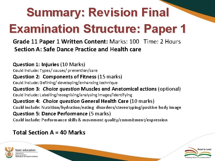 Summary: Revision Final Examination Structure: Paper 1 Grade 11 Paper 1 Written Content: Marks: